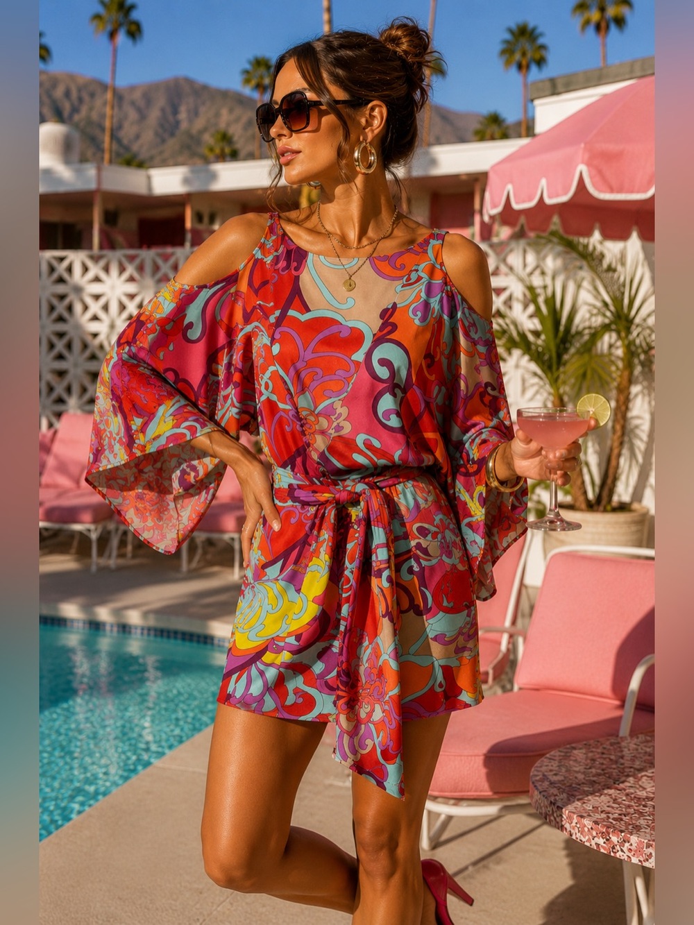 Trina Turk Psychedelic Cold Shoulder Tie Waist Dress S Mod Resort
